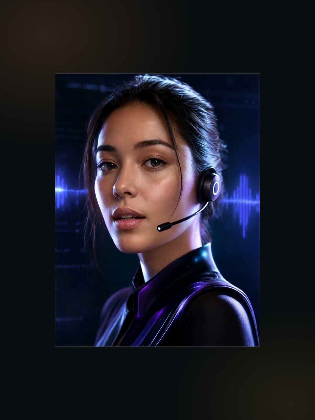 Retrato generado con IA de una operadora con auriculares, sobre una onda de voz